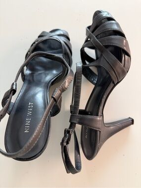 Nine West Black Leather Crisscross High Heel Sandals